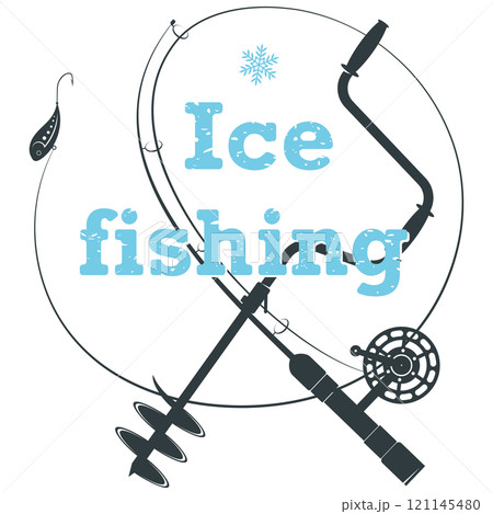 Winter fishing symbol. Winter fishing rod and drill Winter fishing symbol. Winter fishing rod and drill 121145480