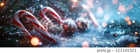 A romantic Valentines Day flat lay with rose petals, chocolates, and heart-shaped decorations on a white background. 121145521