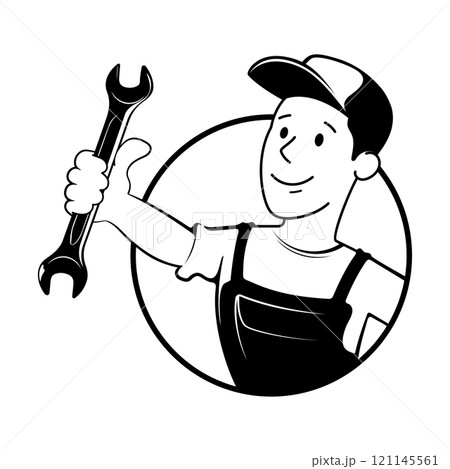 Worker in uniform with wrench symbol 121145561
