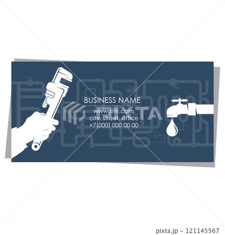 Wrench and water faucet with water drop, plumber business card Wrench and water faucet with water drop, plumber business card 121145567