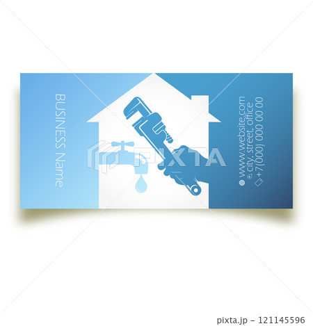 Wrench in hand and water faucet, plumber business card concept Wrench in hand and water faucet, plumber business card concept 121145596