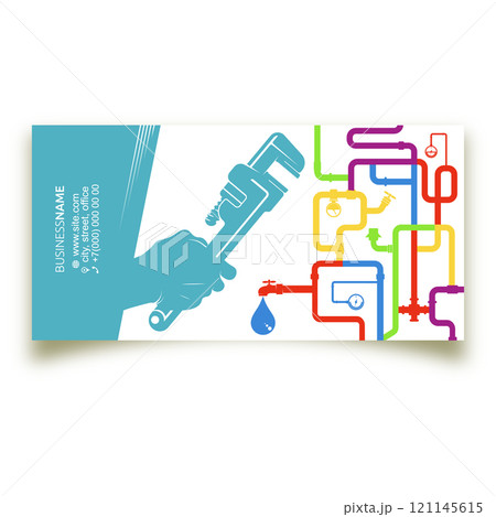 Wrench in hand and colored water pipe system. Business card template for plumber 121145615