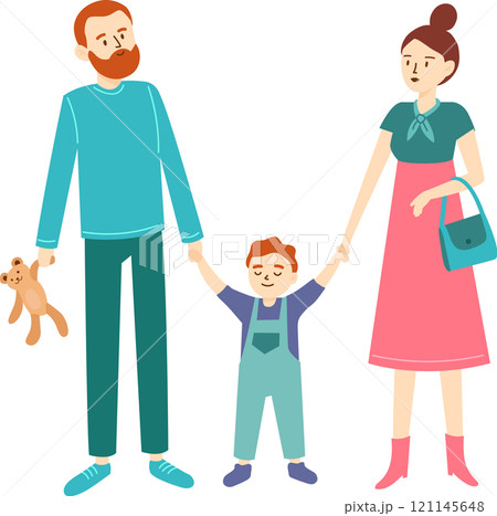 Smiling parents holding hands of their cheerful son, father holding teddy bear, enjoying a walk together, representing family unity and happiness Smiling parents holding hands of their cheerful son, father holding teddy bear, enjoying a walk together, representing family unity and happiness 121145648