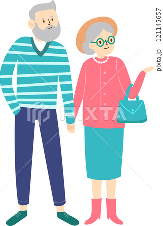 Happy retired couple holding hands while enjoying a leisurely walk, with the woman pointing out something interesting, radiating joy and togetherness in their active lifestyle 121145657