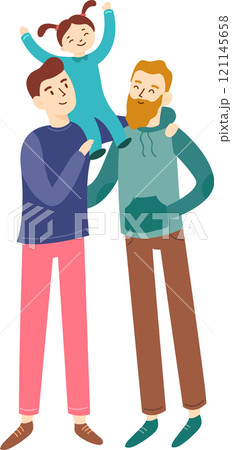 Two fathers joyfully lifting their daughter onto their shoulders, celebrating father s day while embodying family values and embracing lgbtq plus parenting in a modern family portrait 121145658