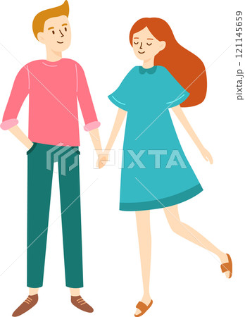 Cheerful young couple, hand in hand, enjoying a leisurely stroll together, savoring the simple pleasures of each other s company in a carefree and joyful moment 121145659