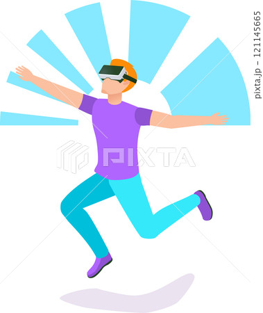 Young man wearing virtual reality glasses is jumping and experiencing virtual reality world, playing video game, running simulation, futuristic innovative technology Young man wearing virtual reality glasses is jumping and experiencing virtual reality world, playing video game, running simulation, futuristic innovative technology 121145665