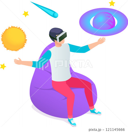 Man wearing virtual reality headset is sitting on beanbag chair and exploring metaverse, experiencing immersive planets, stars, and comet, enjoying interactive virtual world Man wearing virtual reality headset is sitting on beanbag chair and exploring metaverse, experiencing immersive planets, stars, and comet, enjoying interactive virtual world 121145666