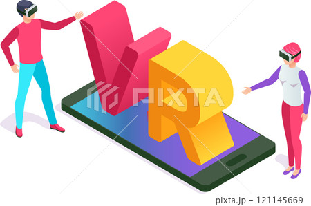 Two people wearing virtual reality headsets are interacting with a large vr symbol emerging from a smartphone, showcasing immersive technology 121145669