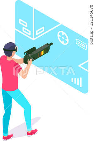 Young man wearing a virtual reality headset and holding a gun controller, engaging in an immersive shooter game with a futuristic interface and virtual map 121145670
