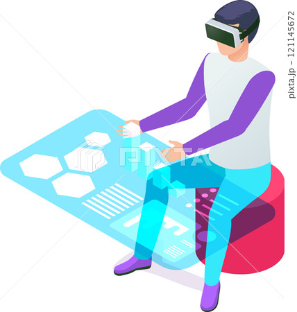 Software developer wearing a vr headset is sitting and interacting with virtual reality data, manipulating holographic charts and diagrams with his hands Software developer wearing a vr headset is sitting and interacting with virtual reality data, manipulating holographic charts and diagrams with his hands 121145672