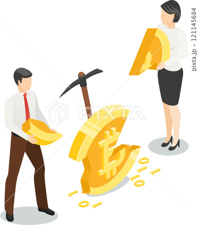 Businessman and businesswoman mining and sharing bitcoin cryptocurrency, using pickaxes to break it into pieces while incorporating binary code, representing the future of digital finance 121145684
