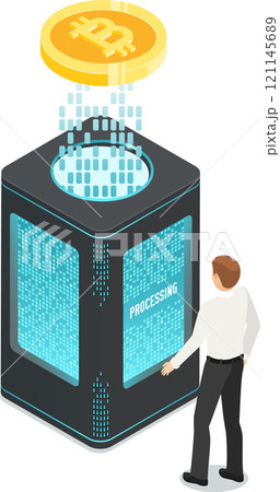 Programmer managing cryptocurrency mining on a powerful server tower with digital coin processing data, isometric vector illustration of blockchain technology and fintech concept 121145689