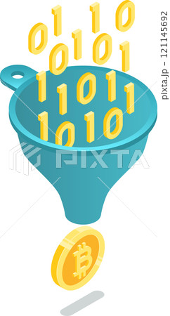 Binary code is being processed through a funnel, transforming into a bitcoin cryptocurrency, symbolizing data mining or cryptocurrency generation Binary code is being processed through a funnel, transforming into a bitcoin cryptocurrency, symbolizing data mining or cryptocurrency generation 121145692