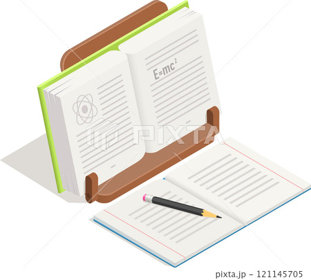 Open textbook showing theory of relativity formula and atom symbol on wooden book stand with another open book and pencil nearby suggesting studying, physics or chemistry Open textbook showing theory of relativity formula and atom symbol on wooden book stand with another open book and pencil nearby suggesting studying, physics or chemistry 121145705