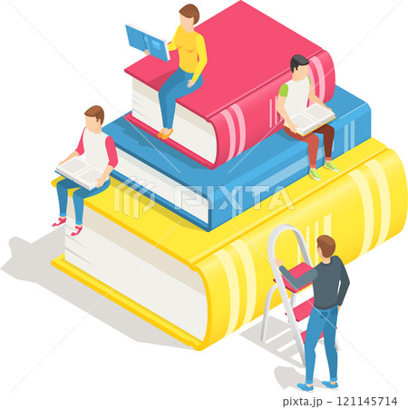 Students are sitting on a giant stack of colorful books and reading, while another student is climbing a ladder to reach the top, in this isometric illustration about education and learning 121145714