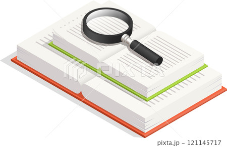 Open book resting on a surface, accompanied by a magnifying glass, representing research, discovery, and the continuous pursuit of knowledge within the realm of literature 121145717