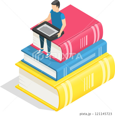 Young student reading an e book while sitting atop a stack of oversized books, embodying the essence of online education and e learning in a vibrant, isometric design 121145723
