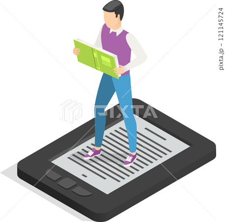 Online library isometric vector concept with student standing on ebook reader holding open book, enjoying reading electronic version of textbook, learning using innovative technologies 121145724