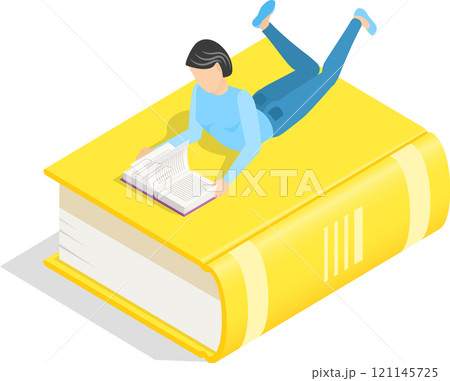 Young woman is lying on her stomach on top of a giant yellow book, engrossed in reading a smaller book, in an isometric perspective, symbolizing the joy and immersion in literature 121145725