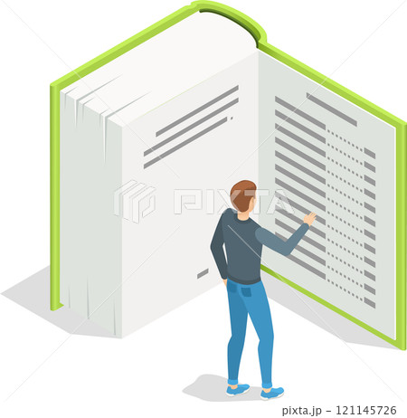 Student is standing and reading a large open textbook, touching the page with his finger, preparing for the exam and gaining knowledge, isometric vector illustration 121145726