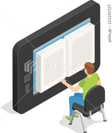 Young student sitting comfortably on a chair, engrossed in reading a large ebook displayed on a giant tablet, illustrating the concept of online education and e learning in an isometric design Young student sitting comfortably on a chair, engrossed in reading a large ebook displayed on a giant tablet, illustrating the concept of online education and e learning in an isometric design 121145727