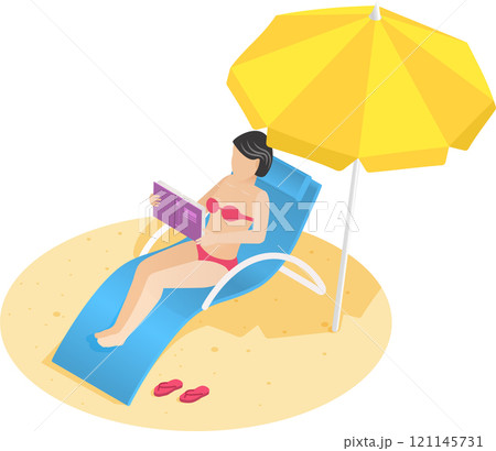 Woman enjoying a summer vacation, relaxing on a beach chair under a bright yellow parasol, absorbed in a book while basking in the warmth of the sandy beach 121145731