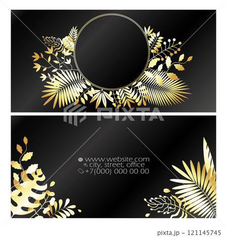 Business card beautiful concept with golden flowers on black background Business card beautiful concept with golden flowers on black background 121145745