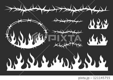 Neo tribal pink emo borders, barb wire and flame y2k aesthetic tattoo gothic, fire abstract silhouette isolated on background. Divider, border, cyber body ornament, neotribal web goth decoration Neo tribal pink emo borders, barb wire and flame y2k aesthetic tattoo gothic, fire abstract silhouette isolated on background. Divider, border, cyber body ornament, neotribal web goth decoration 121145755