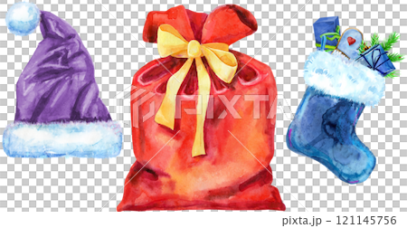 Christmas Santa hat, bag, ball and sock for gift, watercolor illustration 121145756