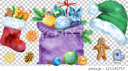Christmas Santa hat, bag, ball and sock for gift, watercolor illustration Christmas Santa hat, bag, ball and sock for gift, watercolor illustration 121145757