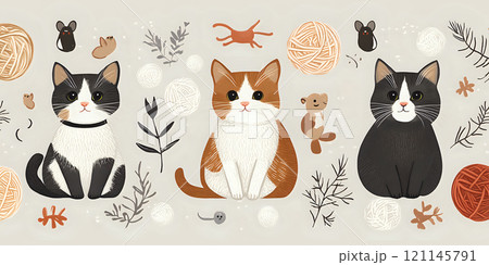 Charming Calico Cats Engaging with Yarn Balls and Playful Toys Charming Calico Cats Engaging with Yarn Balls and Playful Toys 121145791