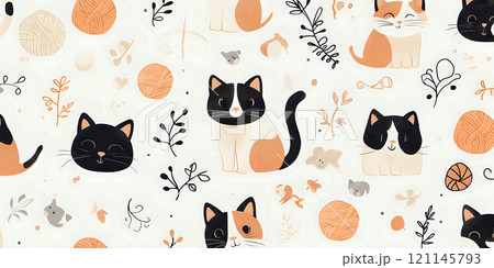 Charming Pattern of Calico Cats Engaging with Playful Toys and Yarn 121145793
