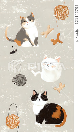 Charming Seamless Design of Calico Cats Surrounded by Playful Toys Charming Seamless Design of Calico Cats Surrounded by Playful Toys 121145795