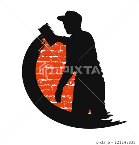 Master plasterer in uniform smears wall symbol 121145838
