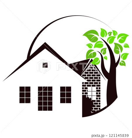 Residential building silhouette and tree with green leaves, design in a circle 121145839