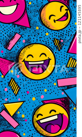 Playful Pop Art Composition with Laughing Emojis and Bold Accents Playful Pop Art Composition with Laughing Emojis and Bold Accents 121145895
