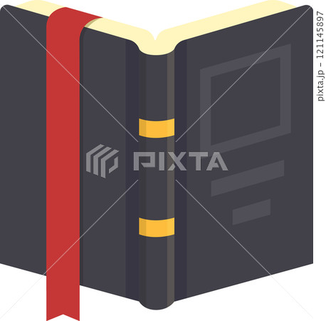 Open black book featuring a red bookmark and elegant gold details, serving as an isometric icon representing themes of reading, studying, knowledge, and education Open black book featuring a red bookmark and elegant gold details, serving as an isometric icon representing themes of reading, studying, knowledge, and education 121145897