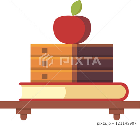 Stacked books and notebooks supporting a red apple, symbolizing knowledge, learning, and education, are placed on a wooden shelf, creating a back to school atmosphere 121145907
