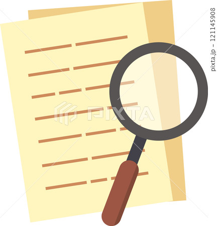 Magnifying glass hovering above a paper document, representing the processes of research, analysis, and careful scrutiny of written content for deeper understanding and insight 121145908