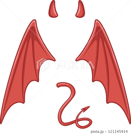 Devil costume elements featuring striking horns, dramatic wings, and a mischievous tail create a spooky and festive atmosphere perfect for halloween parties and celebrations Devil costume elements featuring striking horns, dramatic wings, and a mischievous tail create a spooky and festive atmosphere perfect for halloween parties and celebrations 121145914