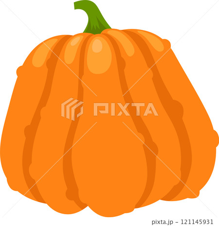 Vibrant orange pumpkin with prominent vertical grooves and a curved green stem, isolated on a white background, evokes the spirit of autumn harvests and festive celebrations 121145931