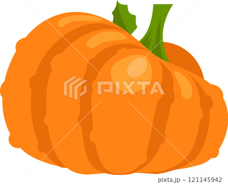 Ripe orange pumpkin with prominent ridges and a green stem, freshly picked from the garden, embodying the essence of autumn harvest and healthy eating Ripe orange pumpkin with prominent ridges and a green stem, freshly picked from the garden, embodying the essence of autumn harvest and healthy eating 121145942