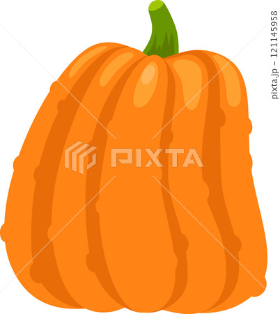 Vibrant orange pumpkin with prominent vertical grooves and a sturdy green stem, evoking the spirit of autumn harvests and festive celebrations 121145958
