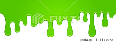 Vibrant, viscous green goo is slowly dripping down against a clean white backdrop, creating a striking visual contrast and suggesting a sense of playful messiness 121145978