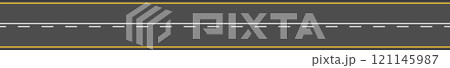 Straight empty road with white dashed line and yellow borders extending into the distance creates a sense of endless possibility and journey 121145987