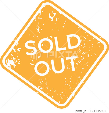 Orange grunge rubber stamp featuring a rotated square shape, clearly marking products or tickets as sold out and indicating unavailability in business and retail contexts 121145997