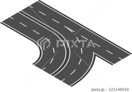 Isometric view of a highway ramp joining traffic flowing on the main road, creating a smooth transition for vehicles entering or exiting the highway 121146010