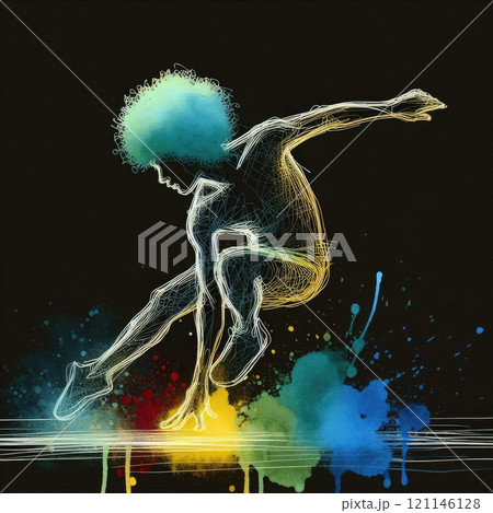 Dynamic Breakdancer in Abstract Wireframe Art with Vibrant Splashes of Color with Generative AI. 121146128