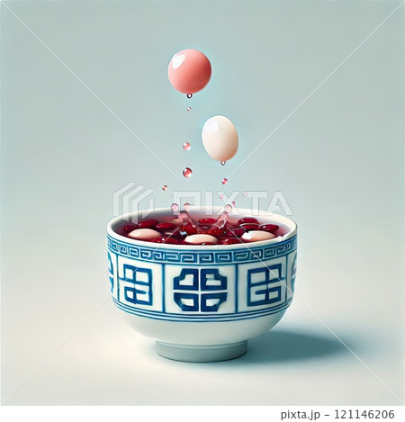 Festive food for Chinese Lantern Festival, Winter Solstice or Lunar New Year. bowl of delicious sweet glutinous rice balls(Tangyuan) with Generative AI. 121146206